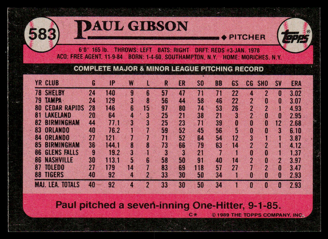 Paul Gibson 1989 Topps #583 RC Detroit Tigers