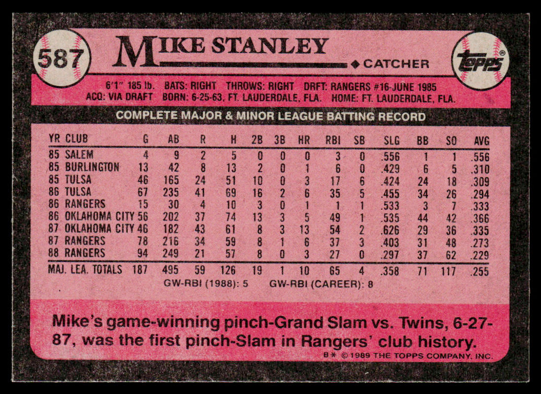 Mike Stanley 1989 Topps #587 Texas Rangers