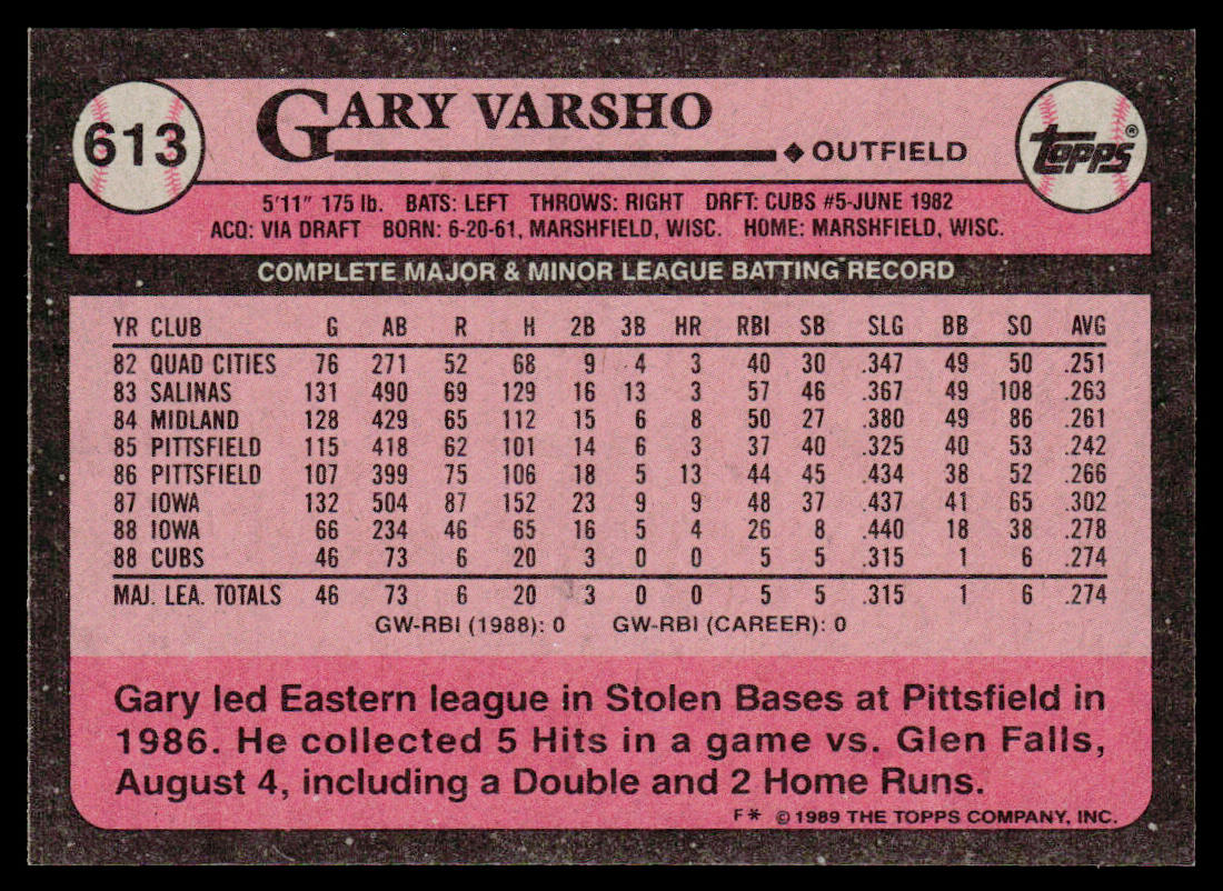 Gary Varsho 1989 Topps #613 RC Chicago Cubs