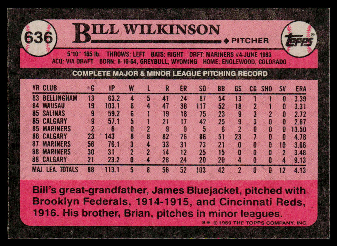 Bill Wilkinson 1989 Topps #636 Seattle Mariners