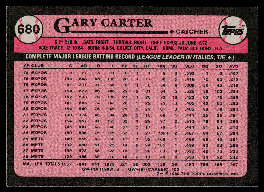 Gary Carter 1989 Topps #680 New York Mets