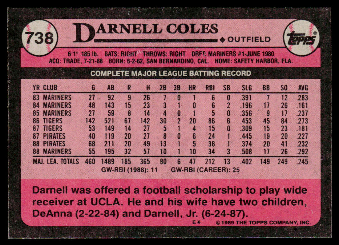 Darnell Coles 1989 Topps #738 Seattle Mariners