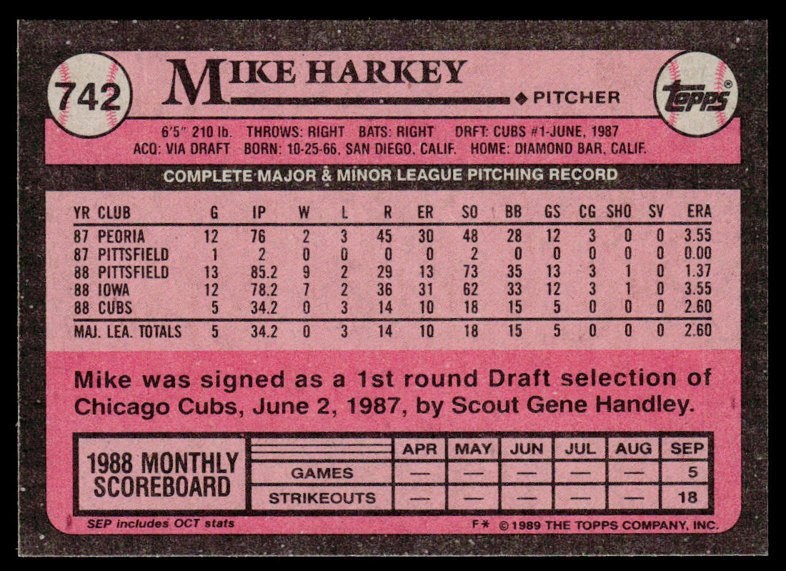 Mike Harkey 1989 Topps #742a RC Chicago Cubs