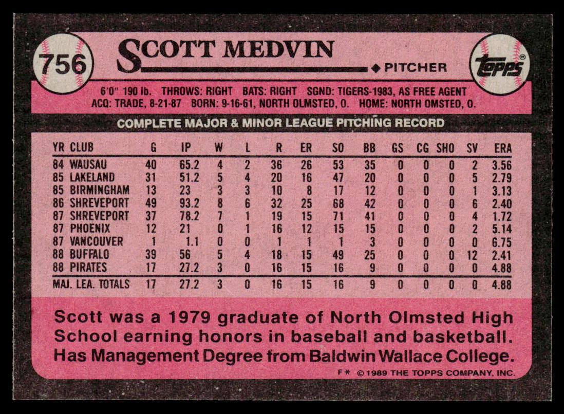 Scott Medvin 1989 Topps #756 RC Pittsburgh Pirates