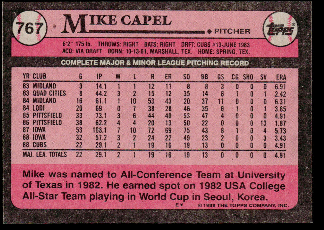 Mike Capel 1989 Topps #767 Chicago Cubs