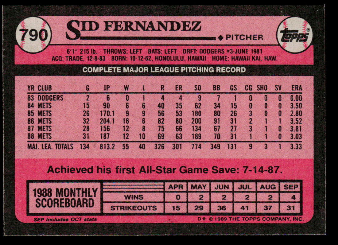 Sid Fernandez 1989 Topps #790 New York Mets
