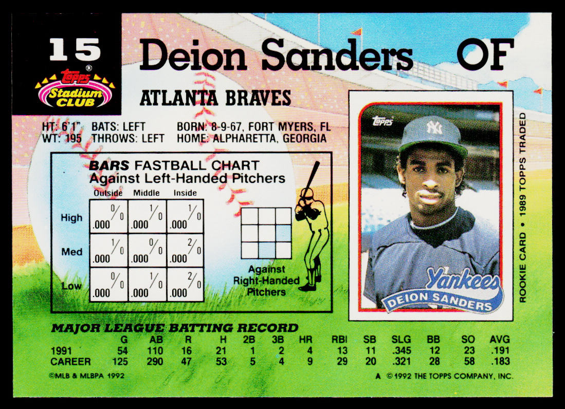 Deion Sanders 1992 Stadium Club #15 Atlanta Braves
