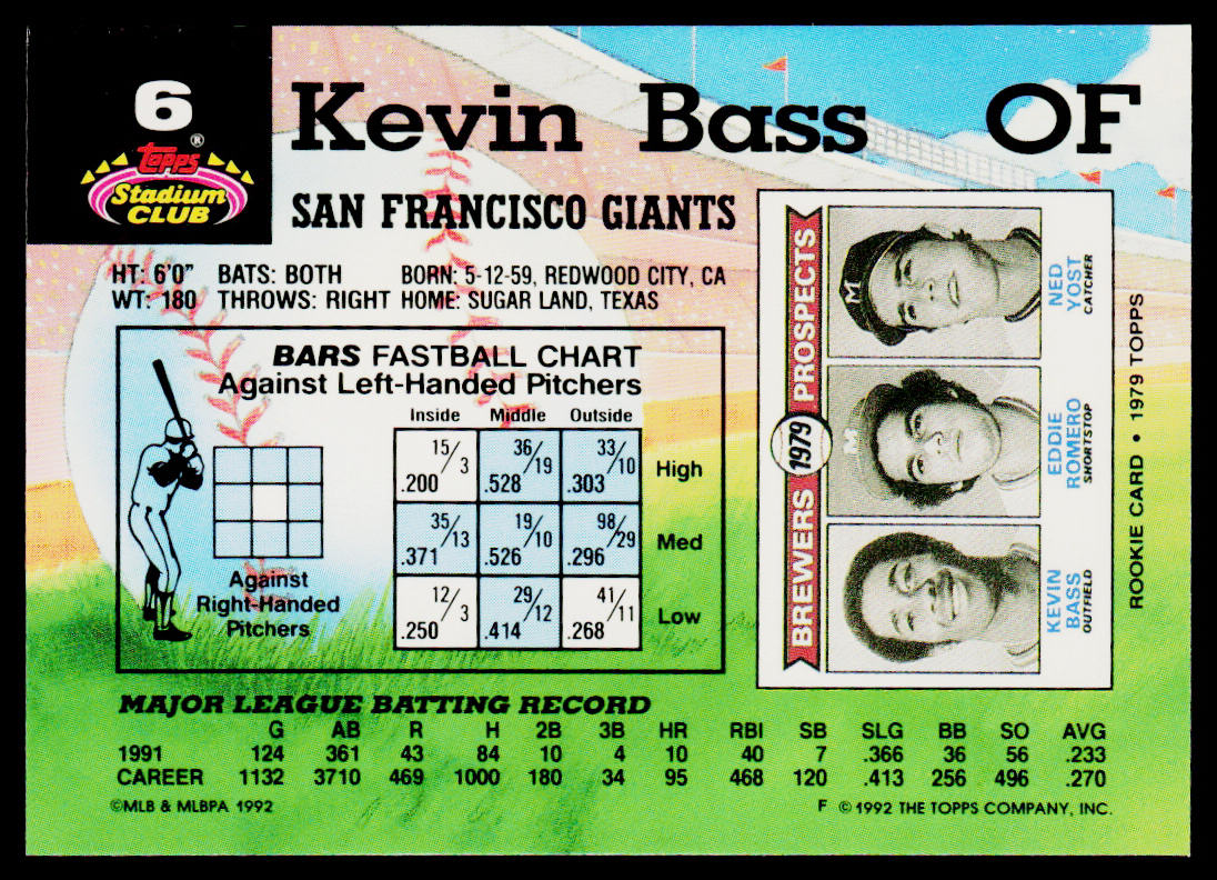 Kevin Bass 1992 Stadium Club #6 San Francisco Giants