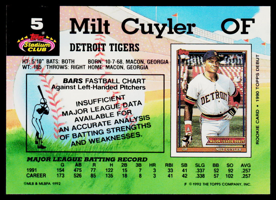 Milt Cuyler 1992 Stadium Club #5b Detroit Tigers
