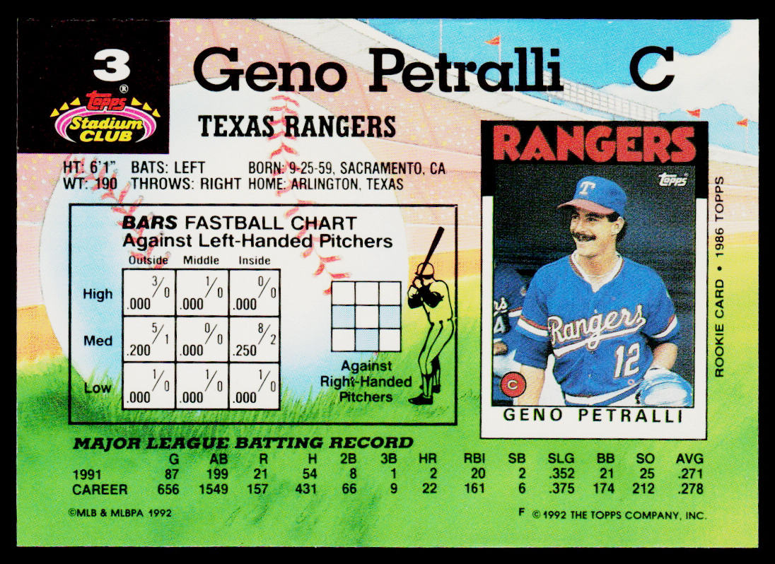 Geno Petralli 1992 Stadium Club #3 Texas Rangers