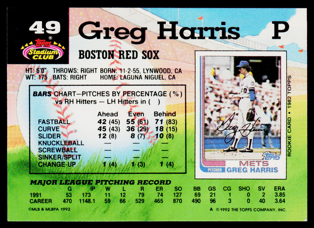 Greg Harris 1992 Stadium Club #49 Boston Red Sox