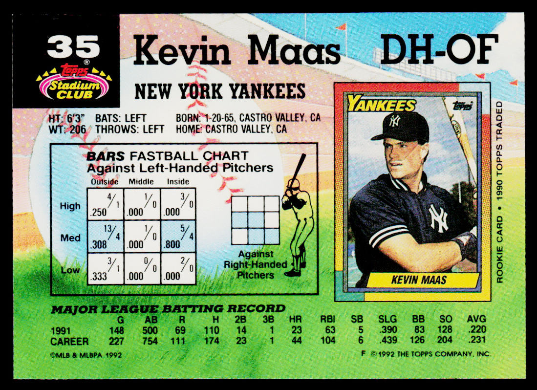 Kevin Maas 1992 Stadium Club #35 New York Yankees