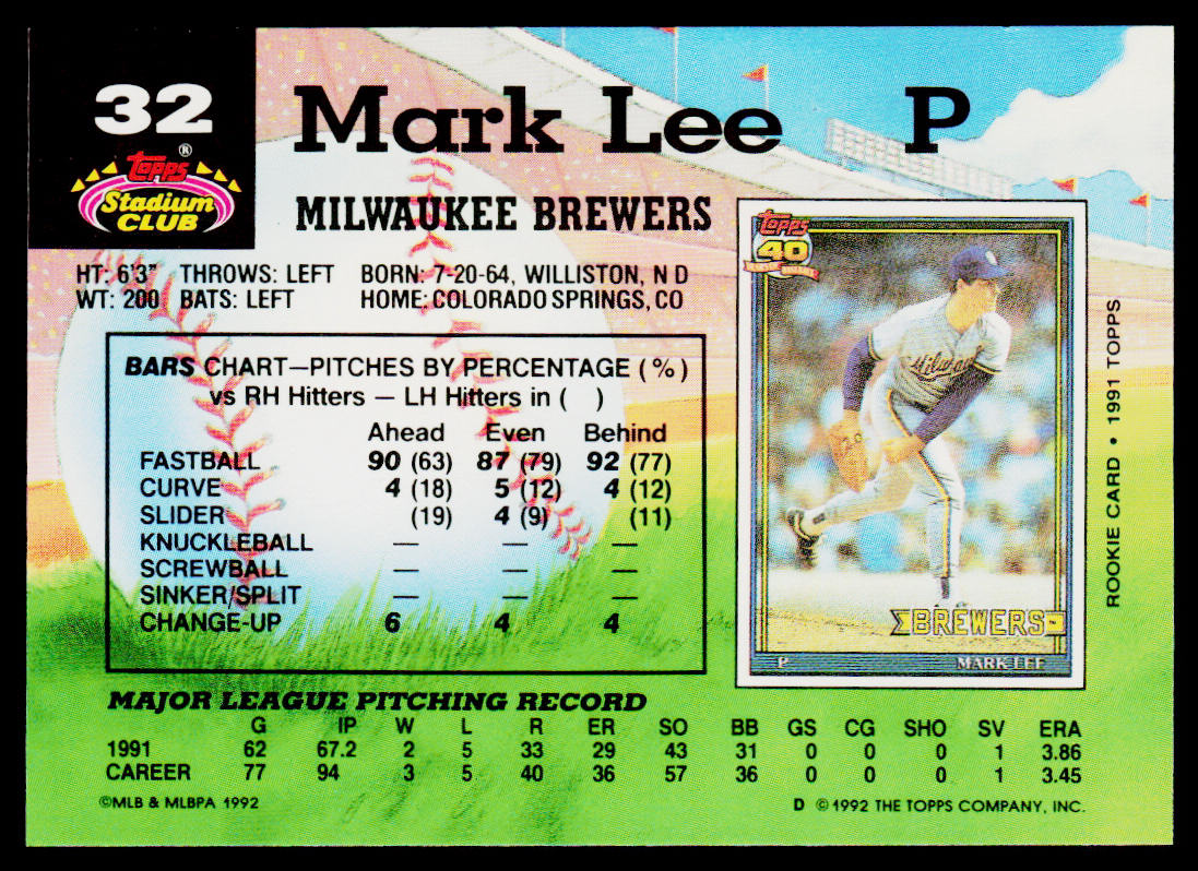 Mark Lee 1992 Stadium Club #32b Milwaukee Brewers