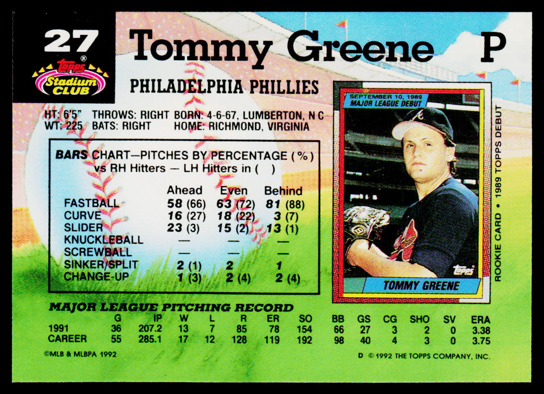 Tommy Greene 1992 Stadium Club #27 Philadelphia Phillies