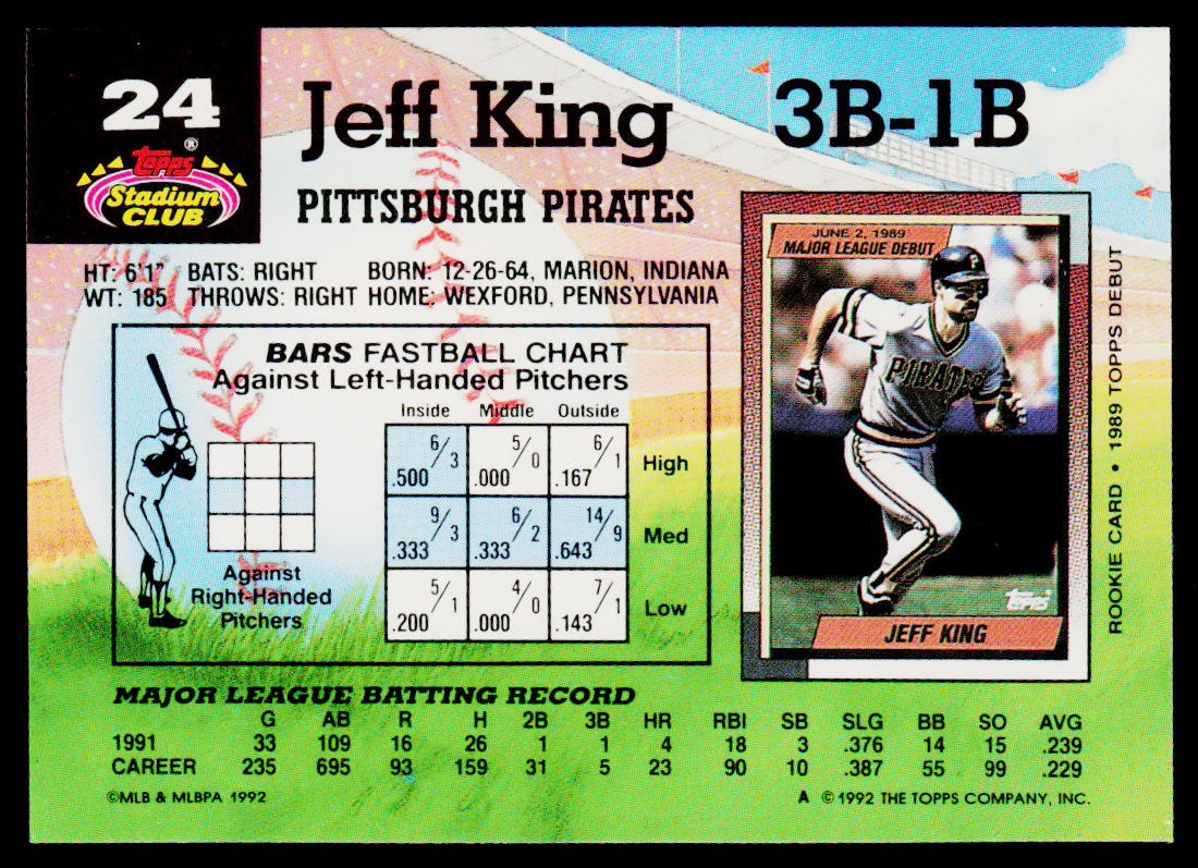 Jeff King 1992 Stadium Club #24 Pittsburgh Pirates