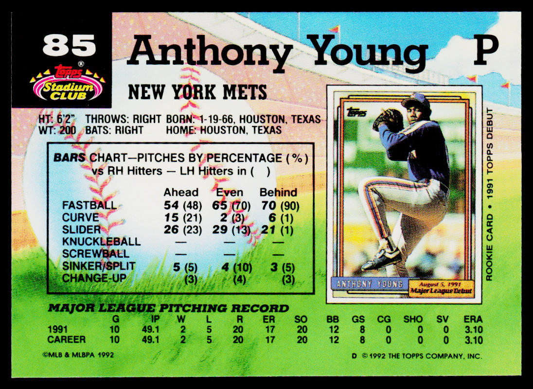 Anthony Young 1992 Stadium Club #85 New York Mets