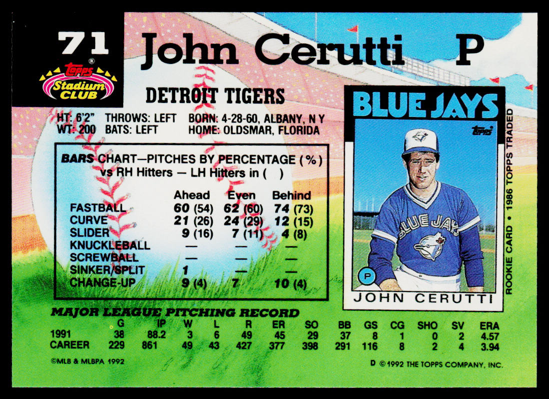 John Cerutti 1992 Stadium Club #71 Detroit Tigers