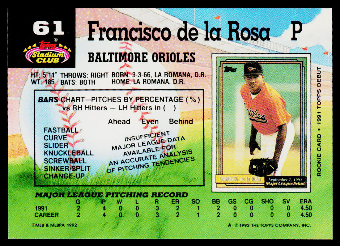 Francisco de la Rosa 1992 Stadium Club #61 RC Baltimore Orioles