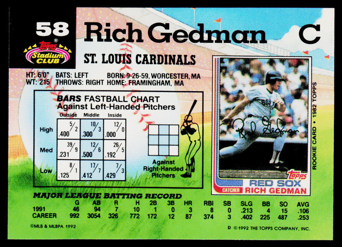 Rich Gedman 1992 Stadium Club #58 St. Louis Cardinals