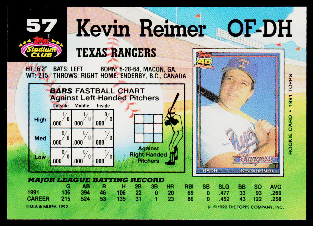 Kevin Reimer 1992 Stadium Club #57 Texas Rangers