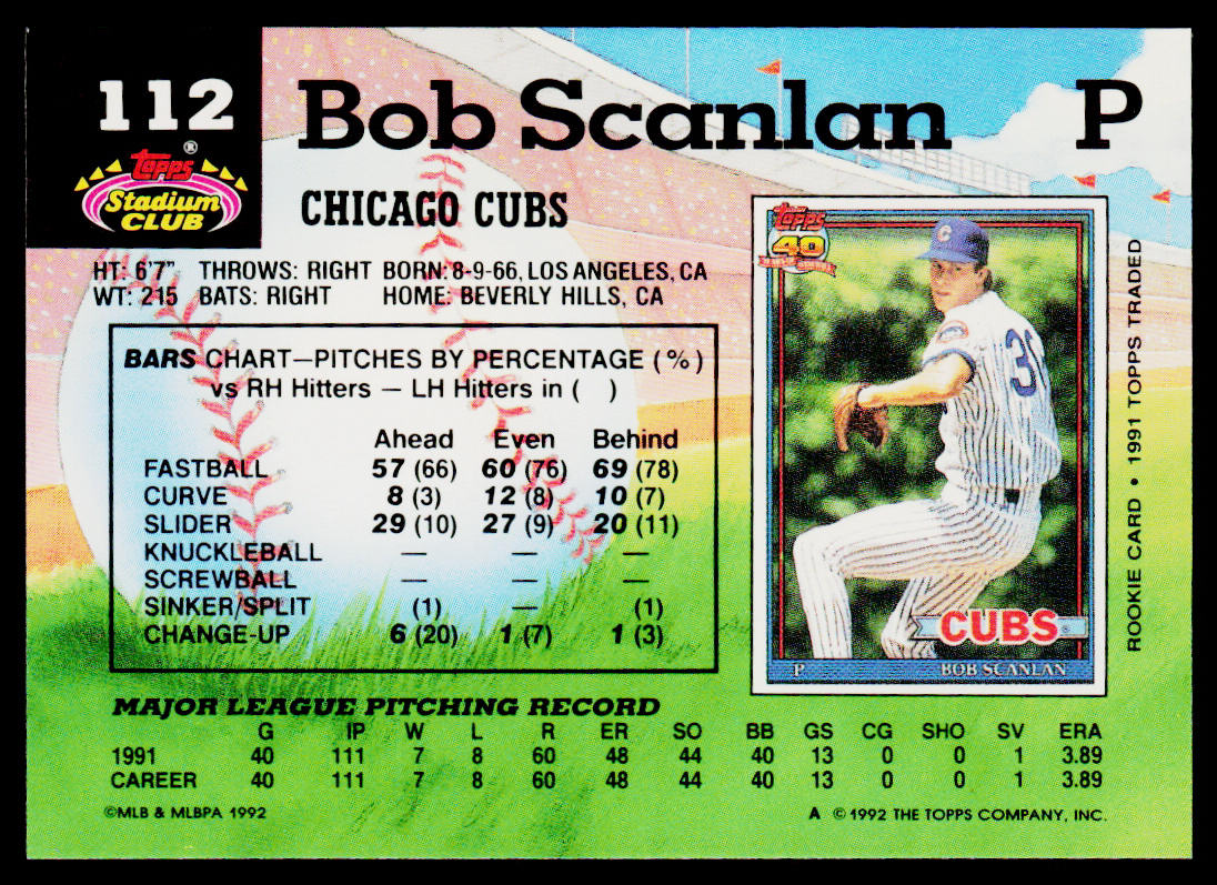 Bob Scanlan 1992 Stadium Club #112b Chicago Cubs