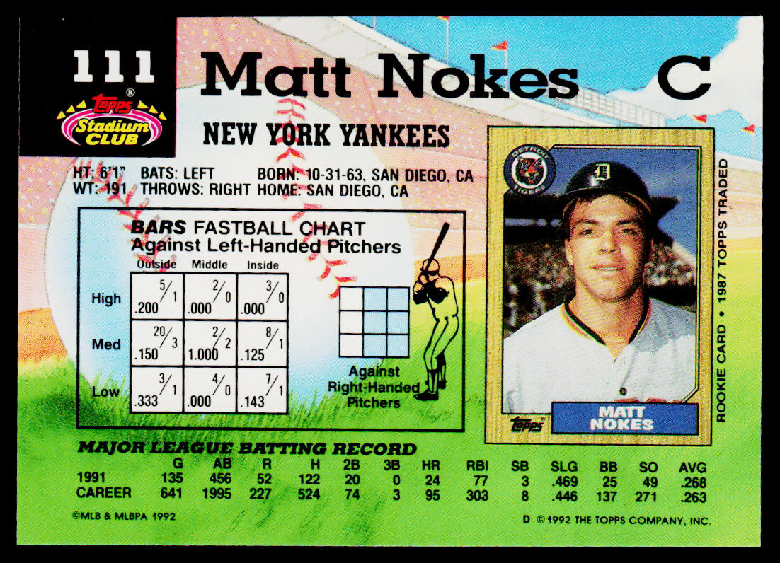 Matt Nokes 1992 Stadium Club #111 New York Yankees