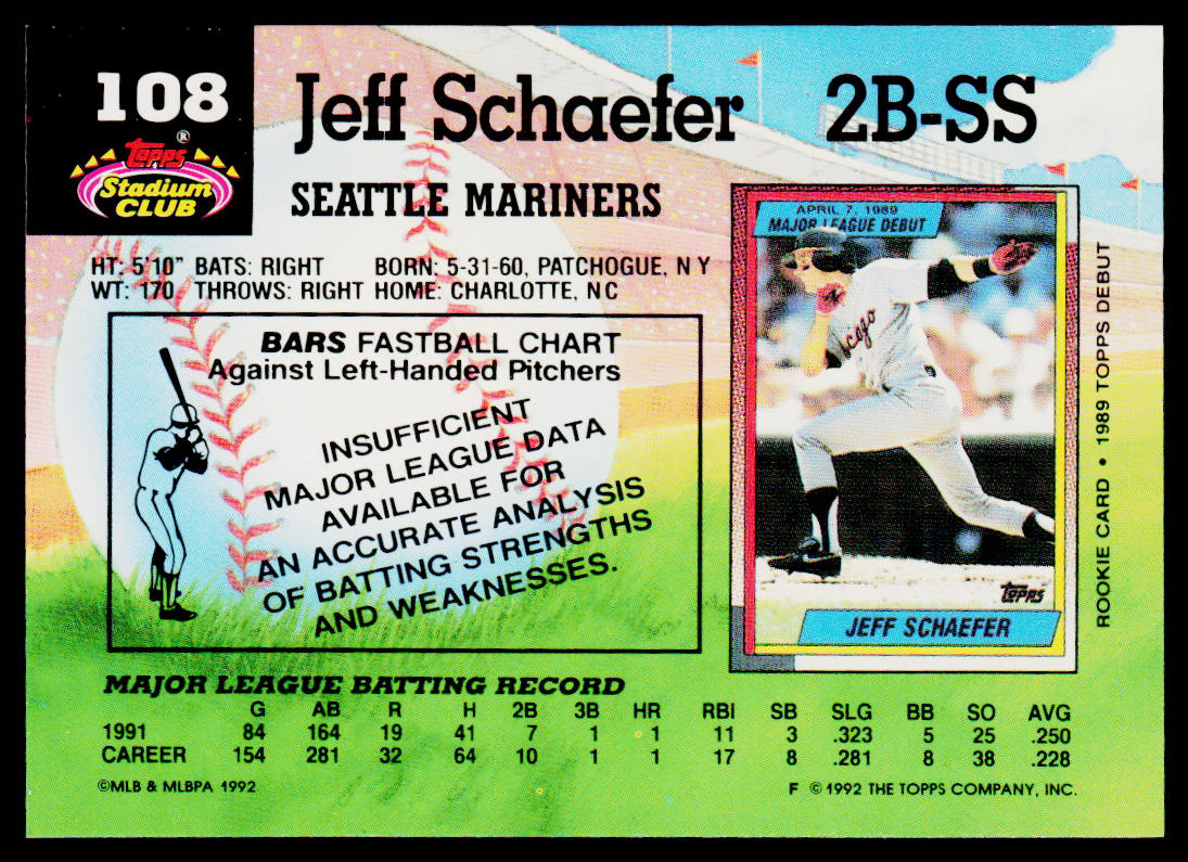Jeff Schaefer 1992 Stadium Club #108 Seattle Mariners