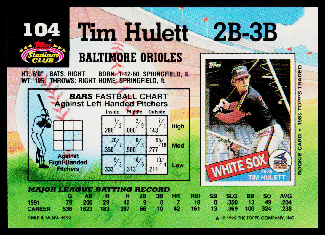 Tim Hulett 1992 Stadium Club #104 Baltimore Orioles