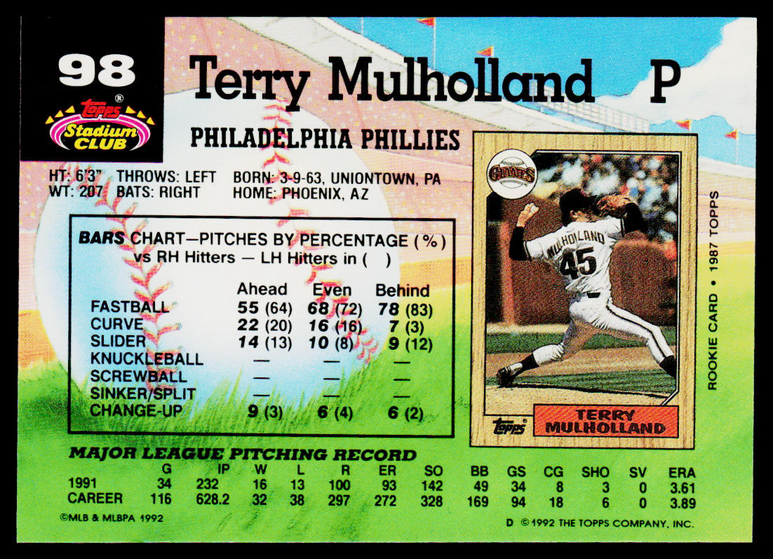 Terry Mulholland 1992 Stadium Club #98b Philadelphia Phillies