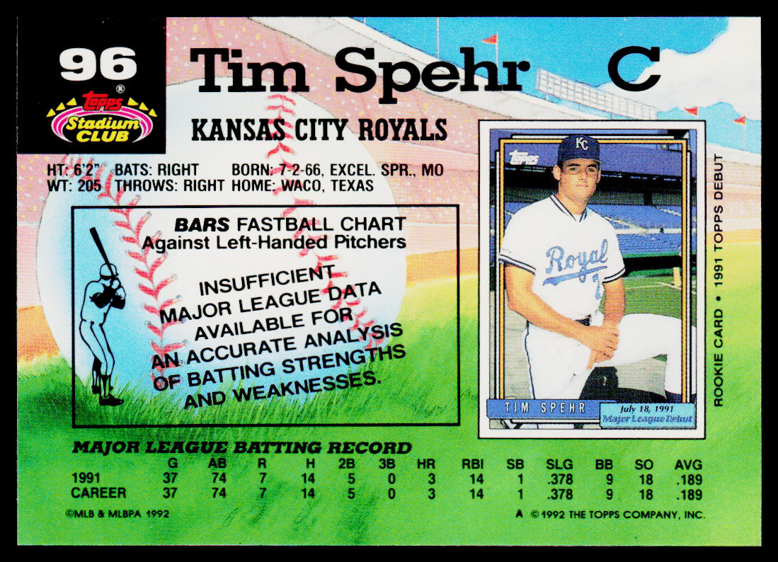 Tim Spehr 1992 Stadium Club #96b Kansas City Royals