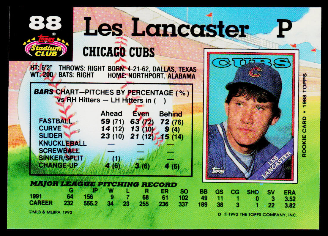 Les Lancaster 1992 Stadium Club #88b Chicago Cubs