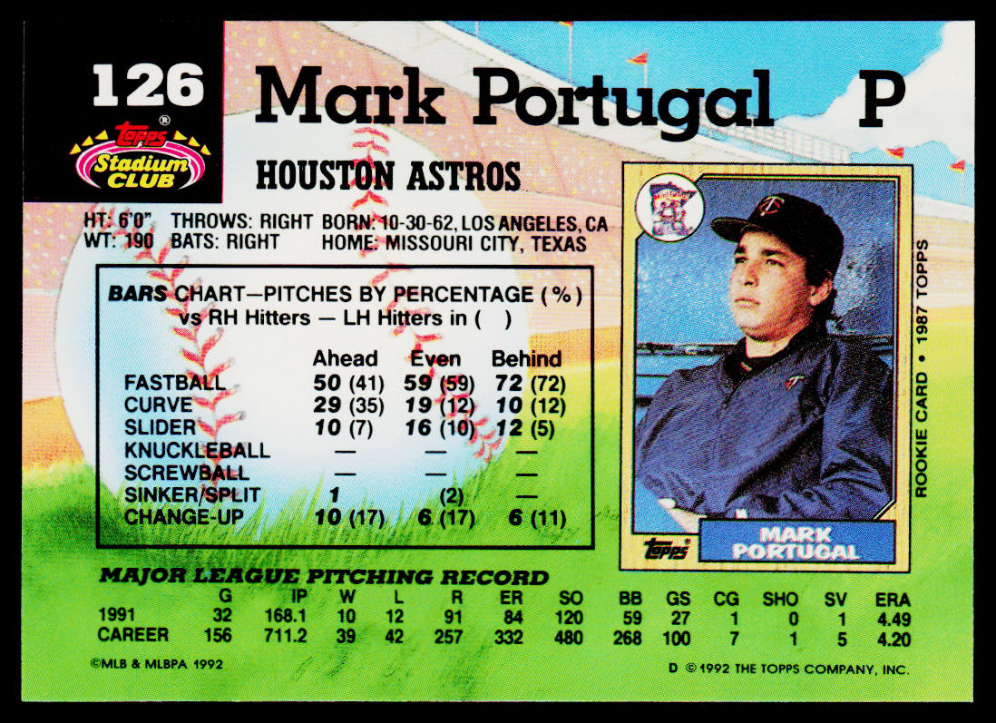 Mark Portugal 1992 Stadium Club #126 Houston Astros