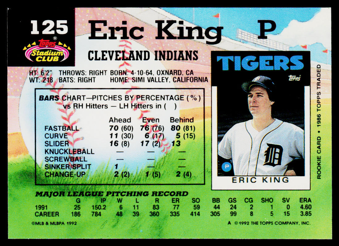 Eric King 1992 Stadium Club #125 Cleveland Indians