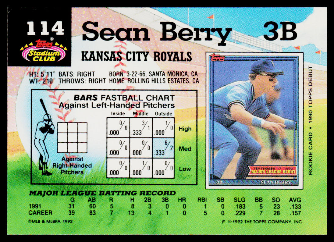 Sean Berry 1992 Stadium Club #114 Kansas City Royals