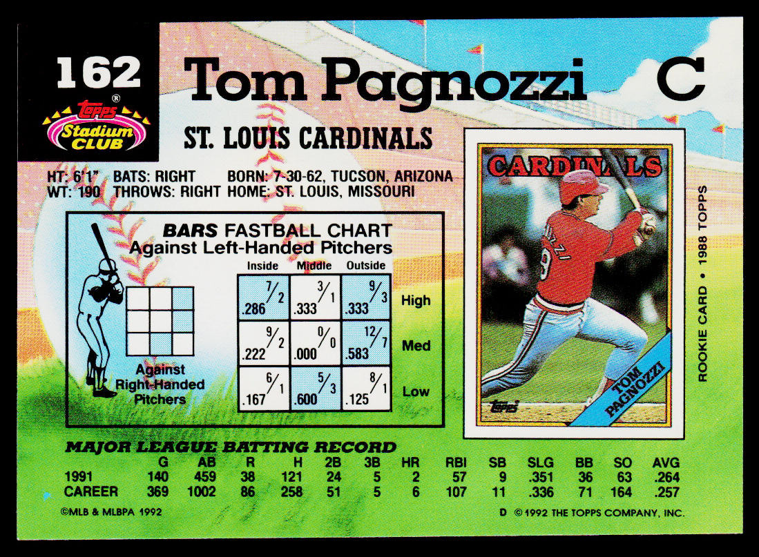 Tom Pagnozzi 1992 Stadium Club #162 St. Louis Cardinals
