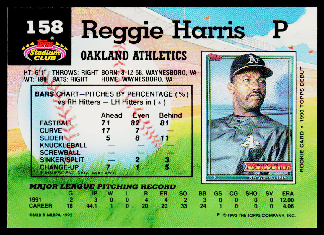 Reggie Harris 1992 Stadium Club #158b Oakland Athletics