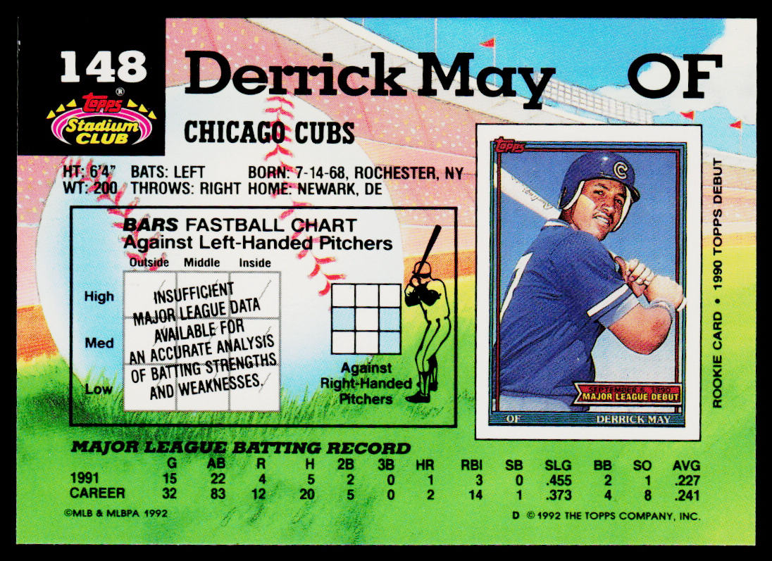 Derrick May 1992 Stadium Club #148 Chicago Cubs