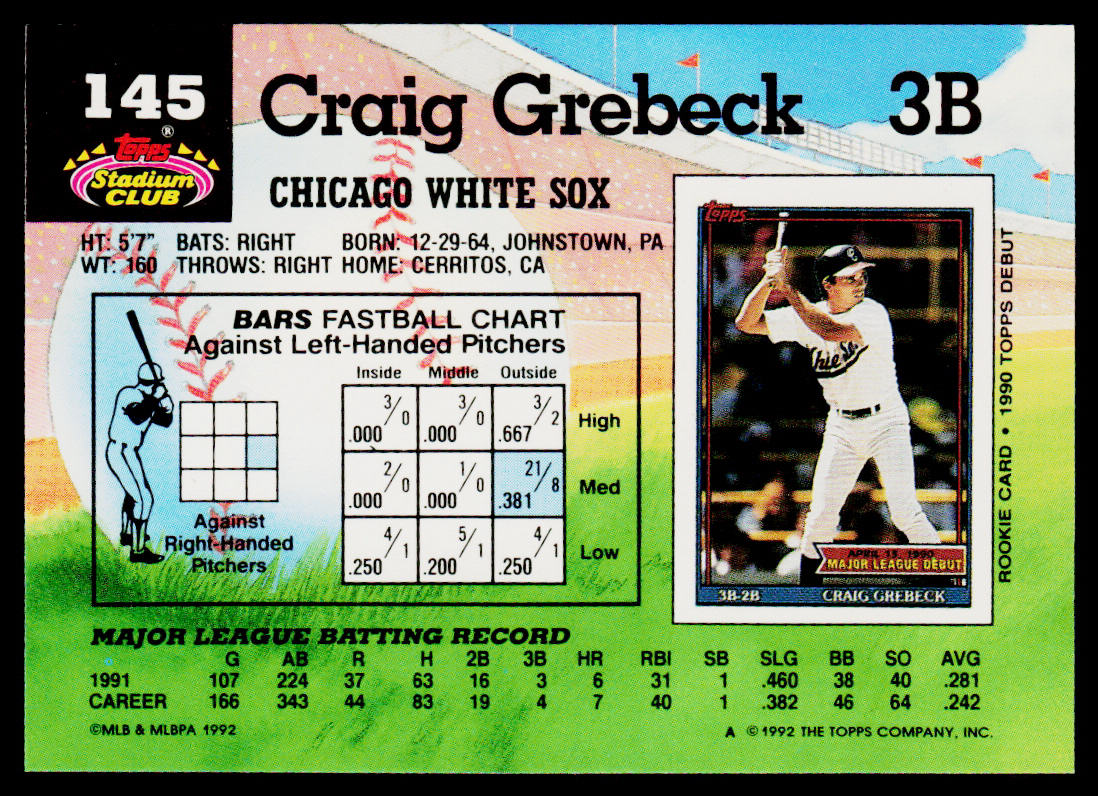 Craig Grebeck 1992 Stadium Club #145 Chicago White Sox