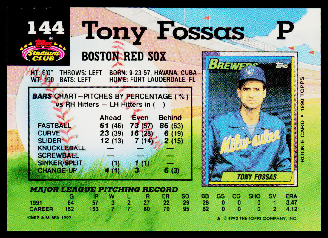 Tony Fossas 1992 Stadium Club #144 Boston Red Sox