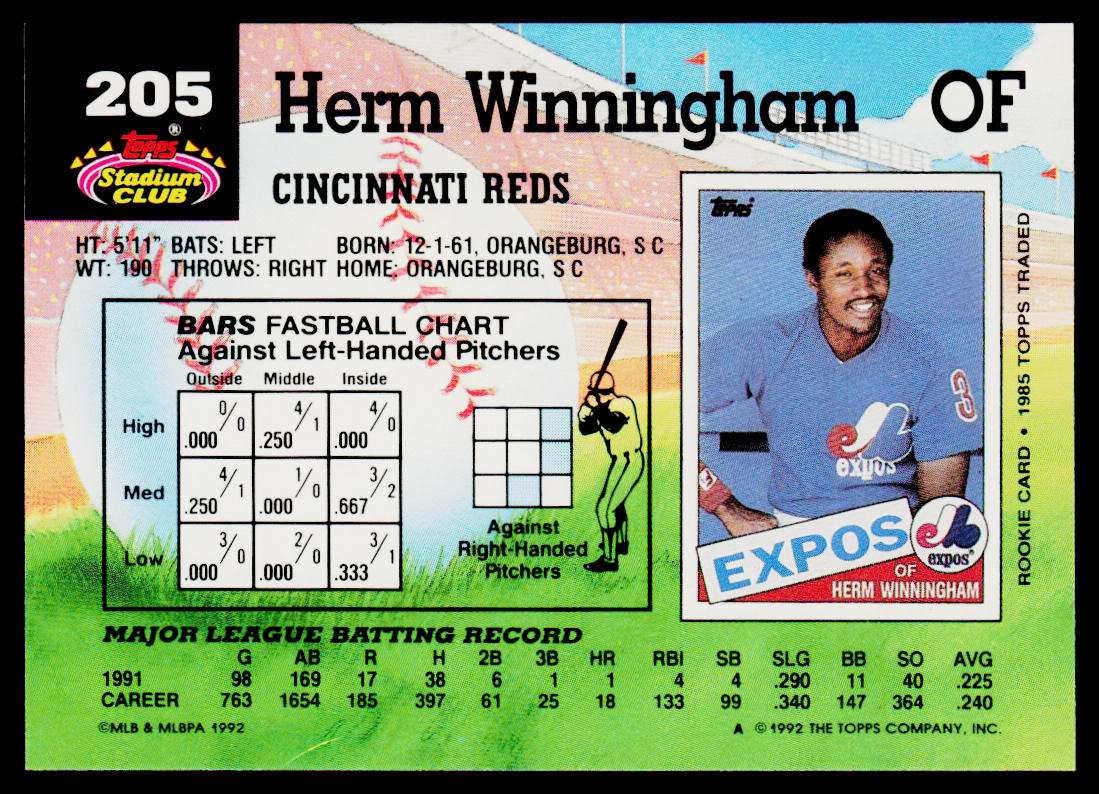Herm Winningham 1992 Stadium Club #205 Cincinnati Reds