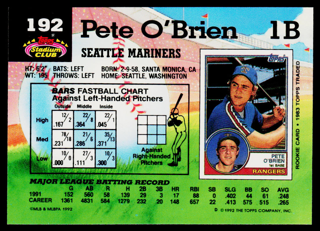 Pete O'Brien 1992 Stadium Club #192 Seattle Mariners