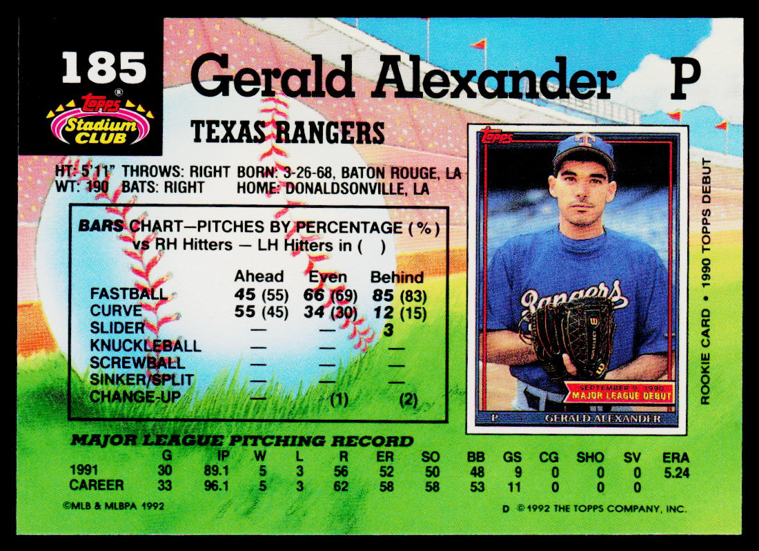 Gerald Alexander 1992 Stadium Club #185b Texas Rangers