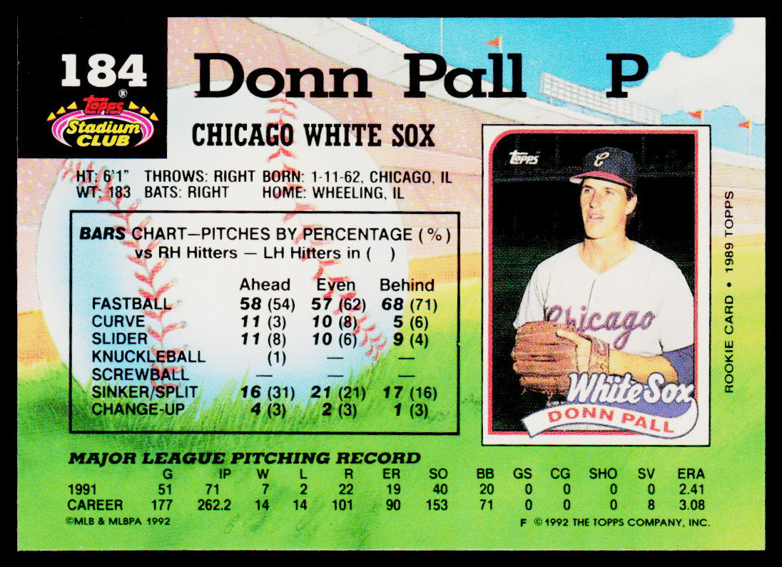 Donn Pall 1992 Stadium Club #184 Chicago White Sox