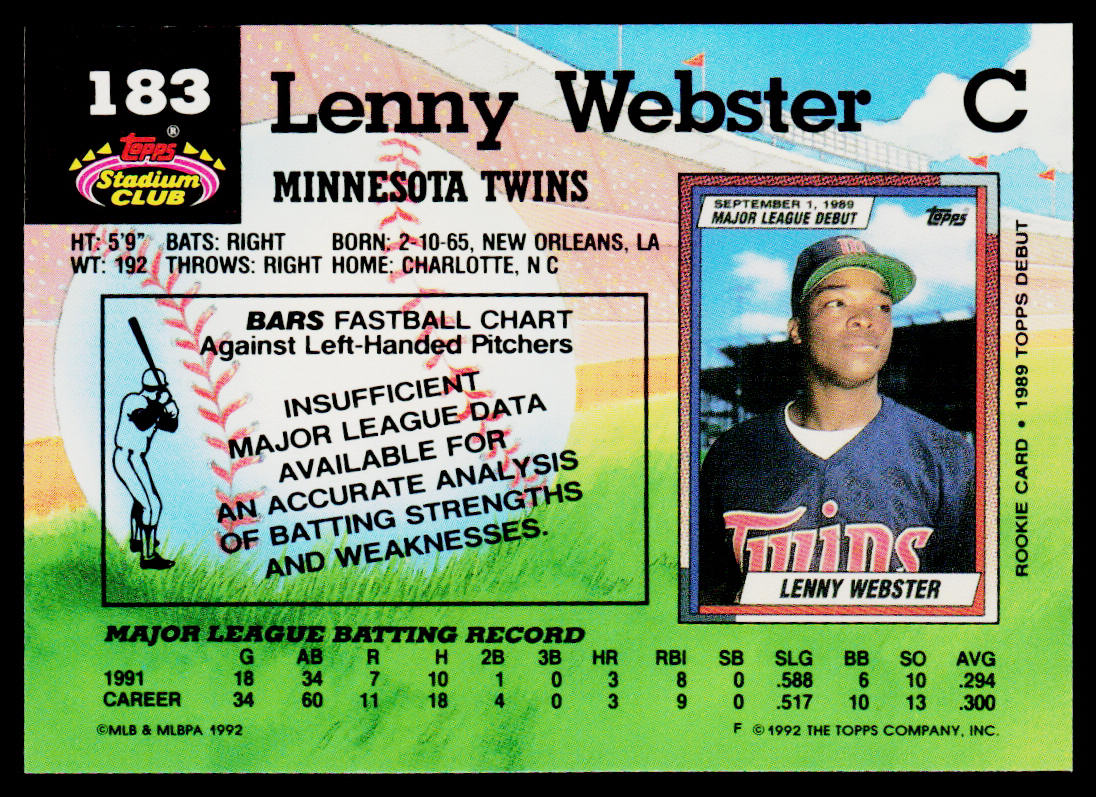 Lenny Webster 1992 Stadium Club #183 Minnesota Twins