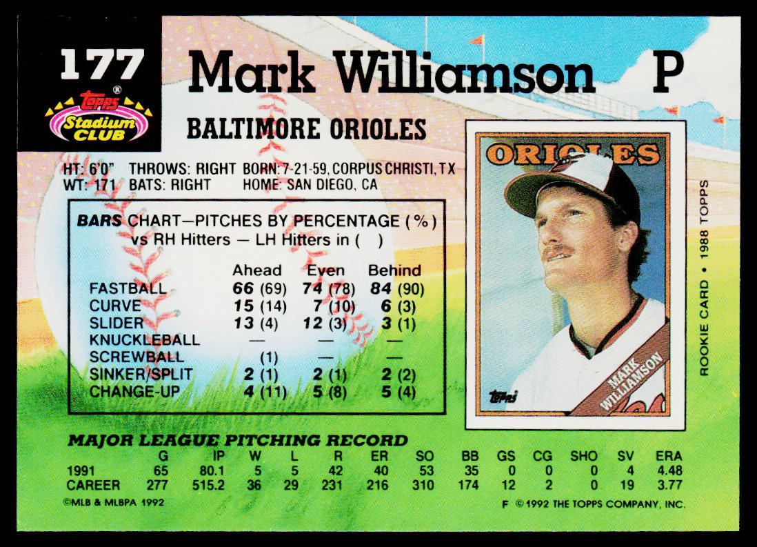 Mark Williamson 1992 Stadium Club #177b Baltimore Orioles
