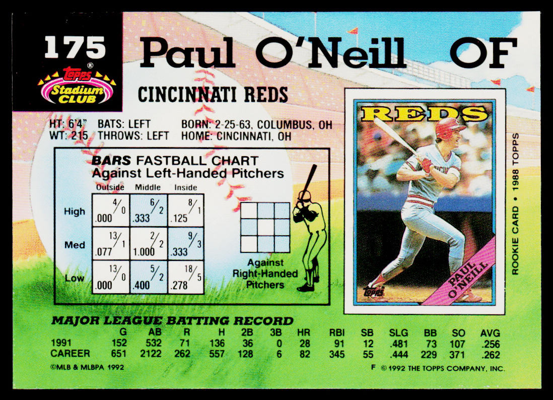 Paul O'Neill 1992 Stadium Club #175 Cincinnati Reds