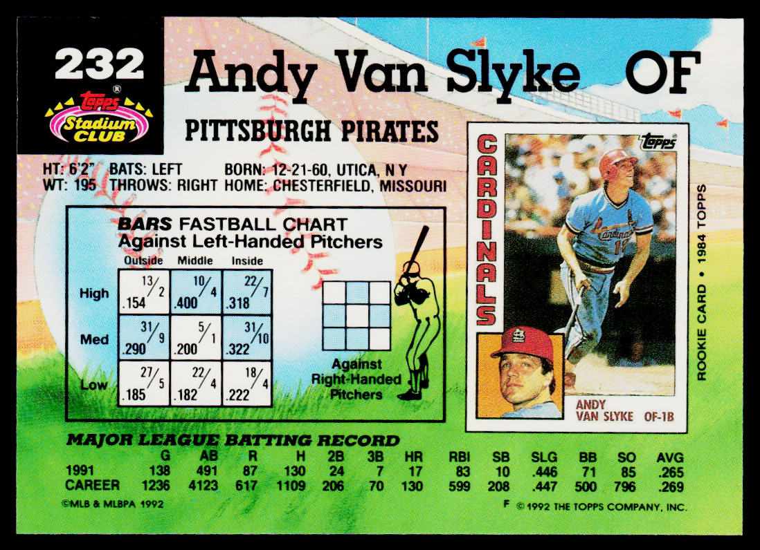 Andy Van Slyke 1992 Stadium Club #232 Pittsburgh Pirates