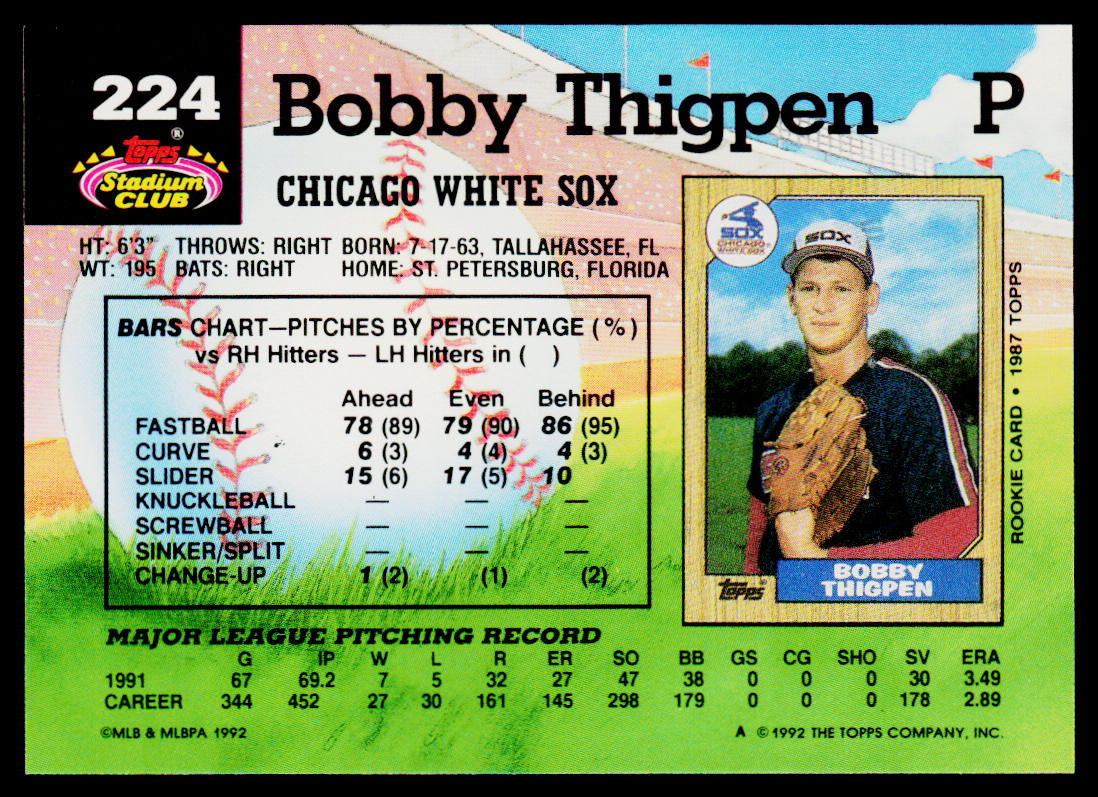 Bobby Thigpen 1992 Stadium Club #224 Chicago White Sox