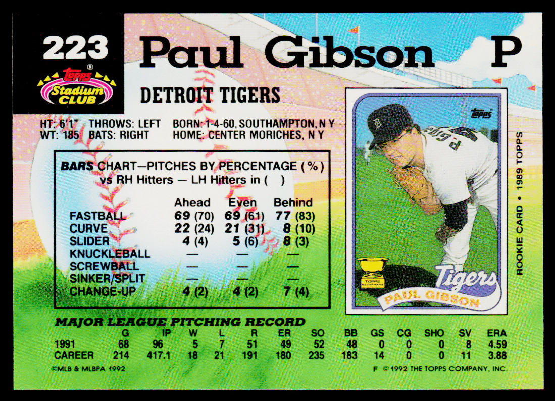 Paul Gibson 1992 Stadium Club #223 Detroit Tigers