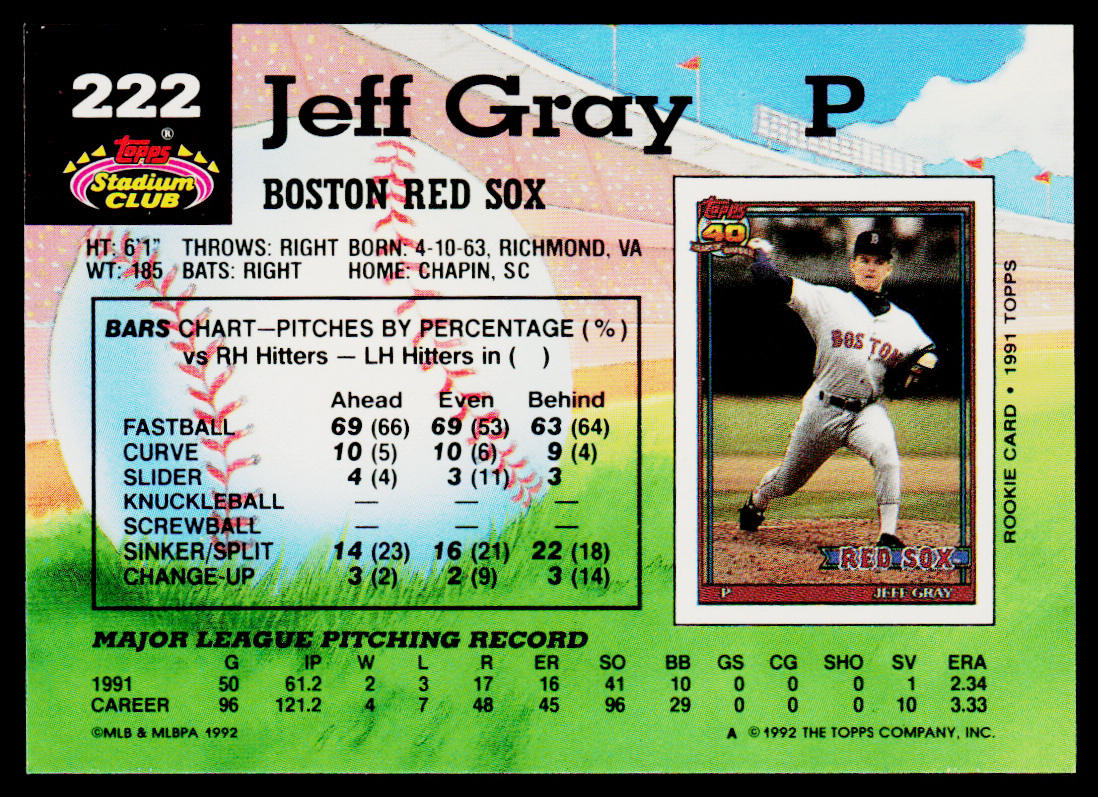 Jeff Gray 1992 Stadium Club #222b Boston Red Sox
